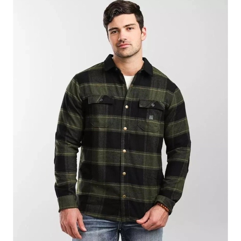 Roark Flannel Shacket Shirt Men Sz L‎ Elbow Patch Snap Wool Blend Military Plaid